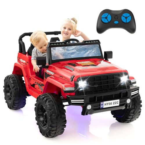 GOPLUS 24V Kinderauto mit 2,4G-Fernbedienung, Elektroauto mit MP3, Hupe, Musik und LED-Leuchten, Kinderfahrzeug 2 Sitzer mit All-Terrain Räder für Kinder ab 3 Jahre (Rot) von GOPLUS