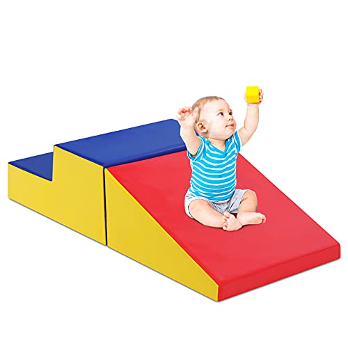 GOPLUS 2er Set Schaumstoffbausteine, Softbausteine zum Klettern & Rutschen, Riesenbausteine aus Kunstleder & Schaumstoff, Großbausteine für Baby & Kleinkinder (Blau+Rot) von GOPLUS