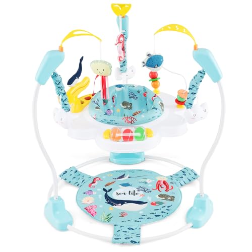 GOPLUS 3 in 1 Baby Jumperoo, Spring- und Spielcenter mit 360° drehbare Sitz, Spielzeug & Musiktablett mit Lichtern und Ton, höhenverstellbarer Spielsitz für Kinder ab 6 Monaten bis 12 kg (Blau) von GOPLUS