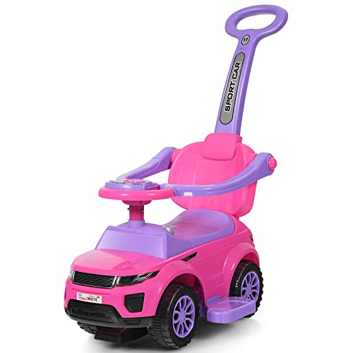 GOPLUS 3 in 1 Kinder Rutschauto, Schiebeauto mit Versteckter Stauraum, Musik, Hupen & Rädern, Kinderauto mit Abnehmbarer Schiebgriff & Schutzbügel für Kinder 1-3 Jahre (Rosa) von GOPLUS