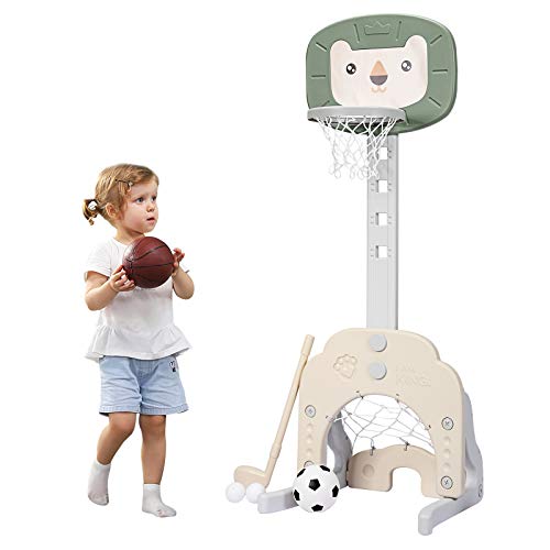 GOPLUS 3-in-1 Kinder Spielplatz, Basketballkorb & Fußballtor & Golfspiel, Höhenverstellbarer Basketballständer, inkl. Basketball, Fußball & Golfball, Junge (Löwe, grün) von GOPLUS