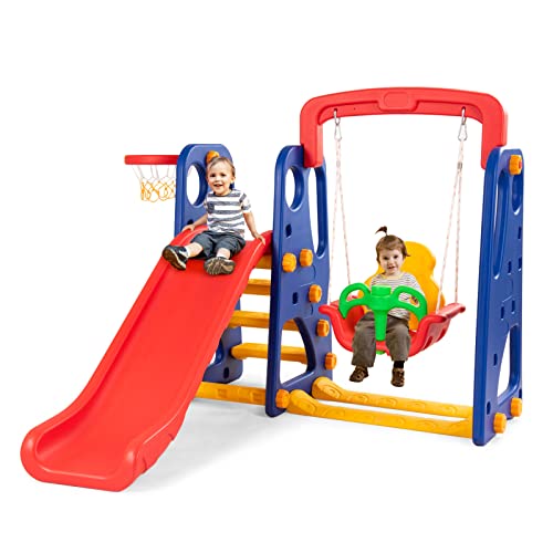 GOPLUS 3-in-1 Kinder Spielplatz, Kinderrutsche Schaukel und Basketballkorb, aus HDPE, mit Haltegriffen, rutschfeste Leiter, mit Abgerundeten Ecken, für Baby & Kleinkinder, für Indoor & Outdoor, Bunt von GOPLUS