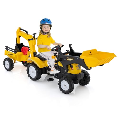 GOPLUS 3 in 1 Kinder Trettraktor mit 6 Rädern & Verstellbarer Grabschaufel & abnehmbarem Anhänger, Kindertraktor mit Hupe, für Kinder 3-6 Jahren bis zu 35 kg belastbar (Gelb) von GOPLUS