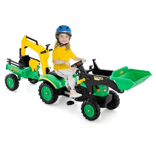 GOPLUS 3 in 1 Kinder Trettraktor mit 6 Rädern & Verstellbarer Grabschaufel & abnehmbarem Anhänger, Kindertraktor mit Hupe, für Kinder 3-6 Jahren bis zu 35 kg belastbar (Grün) von GOPLUS