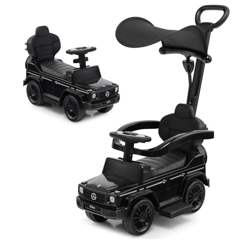 GOPLUS 3 in 1 Mercedes Benz Rutschauto, Schiebewagen mit Schiebegriff, verstellbarem Sonnendach, Schutzgeländer, Hupe & Motorengeräusch, Kinderspielzeug für Kinder ab 1 Jahr (Schwarz) von GOPLUS