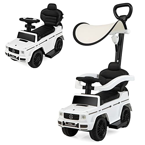 GOPLUS 3 in 1 Mercedes Benz Rutschauto, Schiebewagen mit Schiebegriff, verstellbarem Sonnendach, Schutzgeländer, Hupe & Motorengeräusch, Kinderspielzeug für Kinder ab 1 Jahr (Weiß) von GOPLUS