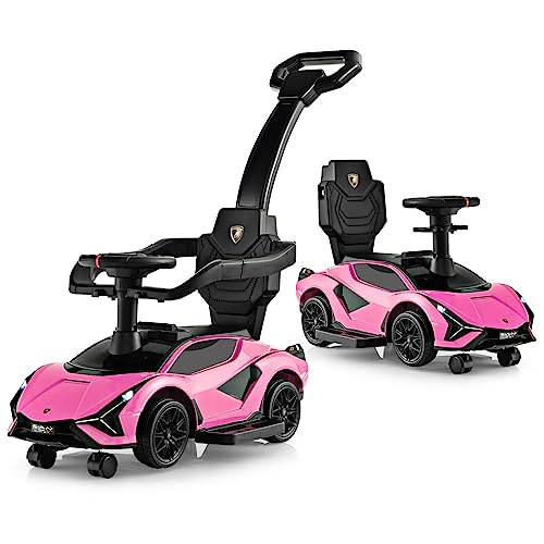 GOPLUS 3 in 1 Rutschauto, Lamborghini Schiebauto mit abnehmbarem Universalrad, USBs, Musik, Stauraum, abnehmbarem Schiebegriff & Schutzgeländer, Rutschfahrzeug für Kinder von 18-60 Monaten (Rosa) von GOPLUS