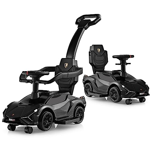 GOPLUS 3 in 1 Rutschauto, Lamborghini Schiebauto mit abnehmbarem Universalrad, USBs, Musik, Stauraum, abnehmbarem Schiebegriff & Schutzgeländer, Rutschfahrzeug für Kinder von 18-60 Monaten (Schwarz) von GOPLUS