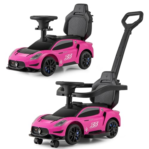 GOPLUS 3 in 1 Rutschauto Mazerati, Rutscherfahrzeug mit abnehmbarem Griff, Geländer & Stauraum unter dem Sitz, Schiebauto mit Hupe & Musik, für Kinder von 18-60 Monaten (Rosa) von GOPLUS