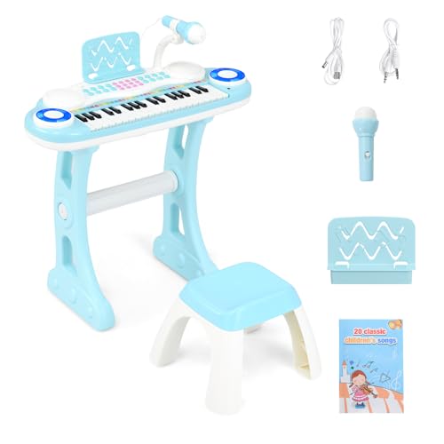 GOPLUS 37 Tasten Spielzeugkeyboard, Klaviertastatur mit Notenständer, Mikrofon, Lichtern & Hocker, Keyboard mit 8 Rhythmen & 8 Instrumentenklängen für Kinder ab 18 Monaten (Blau) von GOPLUS