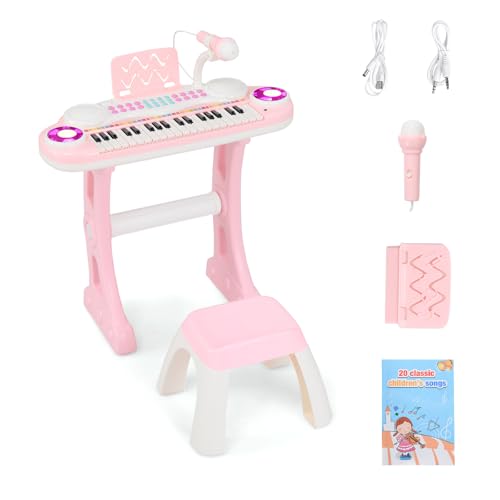 GOPLUS 37 Tasten Spielzeugkeyboard, Klaviertastatur mit Notenständer, Mikrofon, Lichtern & Hocker, Keyboard mit 8 Rhythmen & 8 Instrumentenklängen für Kinder ab 18 Monaten (Rosa) von GOPLUS