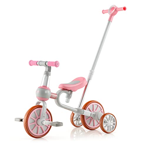 GOPLUS 4 in 1 Kinder Dreirad, Kinder Balance Fahrrad mit verstellbarem Schiebegriff, 2-stufiger Sitzhöhe und umkehrbarem Lenker, Laufrad für Kinder im Alter von 2-4 Jahre (Rosa) von GOPLUS