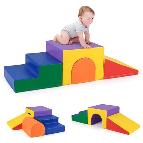 GOPLUS 4er Set Schaumstoffbausteine, Softbausteine zum Klettern & Rutschen, Riesenbausteine aus Kunstleder & Schaumstoff, Großbausteine für Baby & Kleinkinder (Bunt) von GOPLUS