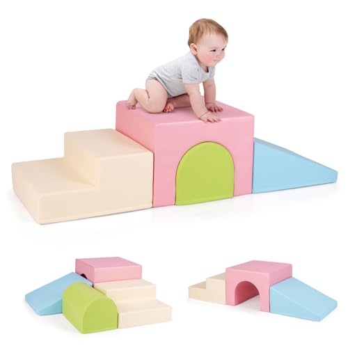 GOPLUS 4er Set Schaumstoffbausteine, Softbausteine zum Klettern & Rutschen, Riesenbausteine aus Kunstleder & Schaumstoff, Großbausteine für Baby & Kleinkinder (Rosa) von GOPLUS