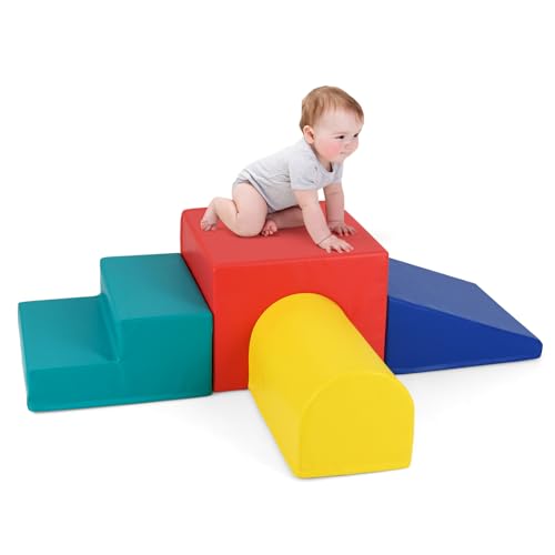 GOPLUS 4er Set Schaumstoffbausteine, Softbausteine zum Klettern & Rutschen, Riesenbausteine aus Kunstleder & Schaumstoff, Großbausteine für Baby & Kleinkinder (Rot) von GOPLUS