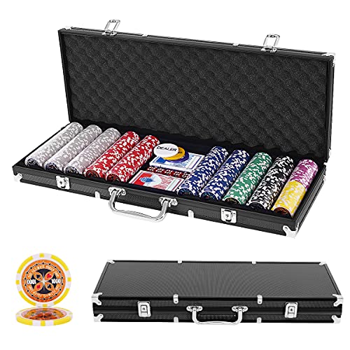 GOPLUS 500 Laserchips Pokerset, Poker Komplett Set, Pokerkoffer Set, inkl. 500 Laserchips, 2 Pokerdecks, 5 Würfel, 3 Dealer, Spielmatte & Aluminiumkoffer mit 2 Schlüssel, für Freizeit (Schwarz) von GOPLUS