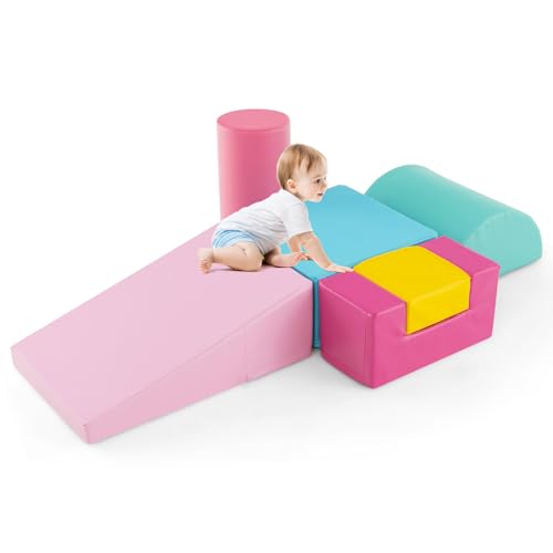 GOPLUS 6 TLG. Schaumstoffbausteine, Softbausteine zum Klettern & Rutschen, Riesenbausteine aus Kunstleder & Schaumstoff, Großbausteine Softbausteine für Baby Kleinkinder (Pink) von GOPLUS