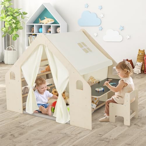 GOPLUS 6 in 1 Kinderzelt, Spielzelt Holz mit Schreibtisch, Stuhl & doppelseitige Tafel, Spielhaus Montessori mit Stauraum, Matte & Vorhänge, Holzspielzelt Indoor für Kinder von 2-6 Jahren (Groß) GOPLUS 6 in 1 Kinderzelt, Spielzelt Holz mit Schreibtisch, Stuhl & doppelseitige Tafel, Spielhaus Montessori mit Stauraum, Matte & Vorhänge, Holzspielzelt Indoor für Kinder von 2-6 Jahren (Groß) von GOPLUS