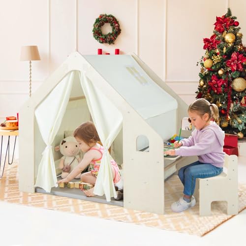 GOPLUS 6 in 1 Kinderzelt, Spielzelt Holz mit Schreibtisch, Stuhl & doppelseitige Tafel, Spielhaus Montessori mit Stauraum, Matte & Vorhänge, Holzspielzelt Indoor für Kinder von 2-6 Jahren (Klein) GOPLUS 6 in 1 Kinderzelt, Spielzelt Holz mit Schreibtisch, Stuhl & doppelseitige Tafel, Spielhaus Montessori mit Stauraum, Matte & Vorhänge, Holzspielzelt Indoor für Kinder von 2-6 Jahren (Klein) von GOPLUS