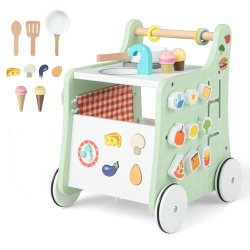 GOPLUS 6 in 1 Lauflernhilfe aus Holz, Lauflernwagen mit Spielküche, Formanpassung, beweglichem Schieber & Lernuhr, Ergonomischer Baby Walker mit Rädern für Kinder ab 12 Monaten (Grün) von GOPLUS