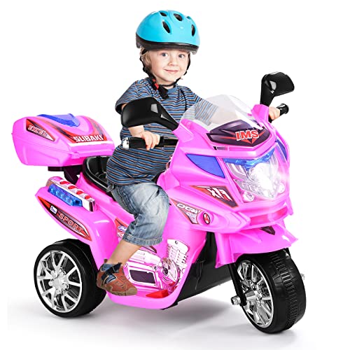 GOPLUS 6V Elektro Kindermotorrad mit 3 Rädern, Elektromotorrad inkl. Licht & Pedal & Aufbewahrungskiste & Musik, Elektro-Dreirad für Kinder von 3 bis 7 Jahre alt, bis zu 25 kg (Pink) von GOPLUS