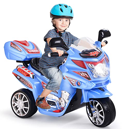 GOPLUS 6V Elektro Kindermotorrad mit 3 Rädern, Elektromotorrad inkl. Licht & Pedal & Aufbewahrungskiste & Musik, Elektro-Dreirad für Kinder von 3 bis 7 Jahre alt bis zu 25 kg (Blau) von GOPLUS