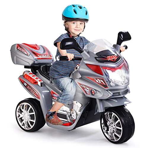 GOPLUS 6V Elektro Kindermotorrad mit 3 Rädern, Elektromotorrad inkl. Licht & Pedal & Aufbewahrungskiste & Musik, Elektro Dreirad für Kinder von 3 bis 7 Jahre alt bis zu 25 kg (Grau) von GOPLUS