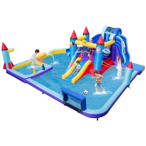 GOPLUS Aufblasbare Hüpfburg mit 850 W Gebläse, Bouncy Castle mit Sprungbereich, 2 Rutschen, Wasserbecken & Kletterwand, für Kinder ab 3 Jahren, 555 x 500 x 217 cm (Rakete) von GOPLUS