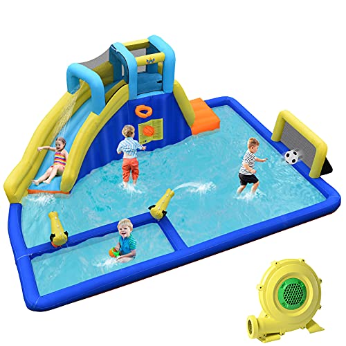 GOPLUS Aufblasbarer Hüpfburg, Wasserpark mit Rutsch&Kletterwand&Wasserkanone&Fußballtor, Planschbecken für Kinder 3-12 Jahre, inkl.Tragetasche, Reparatur-Set, 526x373x203cm (Mit Gebläse) von GOPLUS