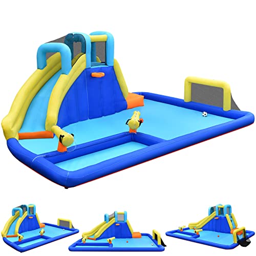 GOPLUS Aufblasbarer Hüpfburg, Wasserpark mit Rutsch&Kletterwand&Wasserkanone&Fußballtor, Planschbecken für Kinder 3-12 Jahre, inkl.Tragetasche, Reparatur-Set, 526x373x203cm (Ohne Gebläse) von GOPLUS