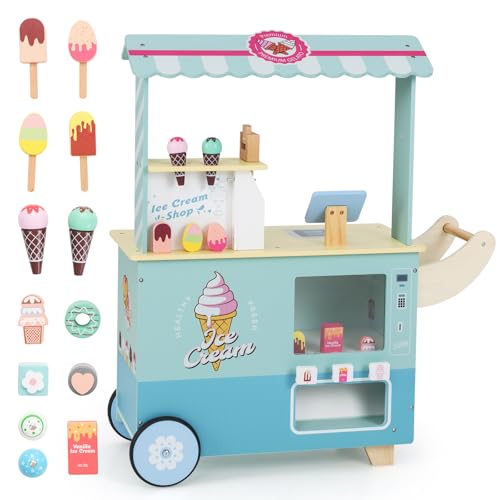 GOPLUS Eiswagen Kinder, Eisstand auf Rädern mit Verkaufsautomat, Eismaschinen-Spielzeug, Präsentationsregal und Kassentheke, Kaufladen Holz für Rollenspiele, ideal für Kinder ab 3 Jahren (Cyan) von GOPLUS