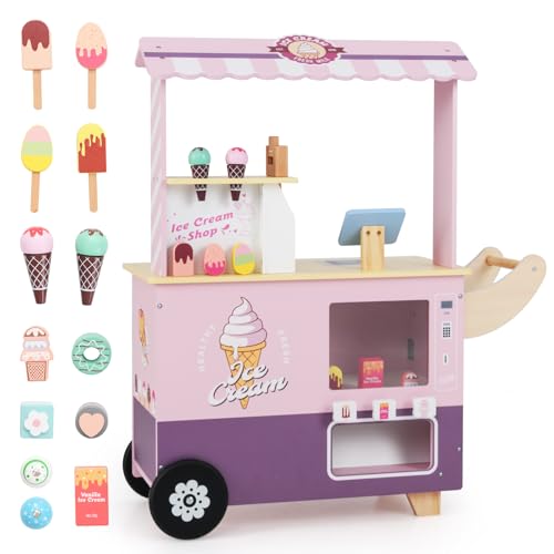 GOPLUS Eiswagen Kinder, Eisstand auf Rädern mit Verkaufsautomat, Eismaschinen-Spielzeug, Präsentationsregal und Kassentheke, Kaufladen Holz für Rollenspiele, ideal für Kinder ab 3 Jahren (Pink) von GOPLUS