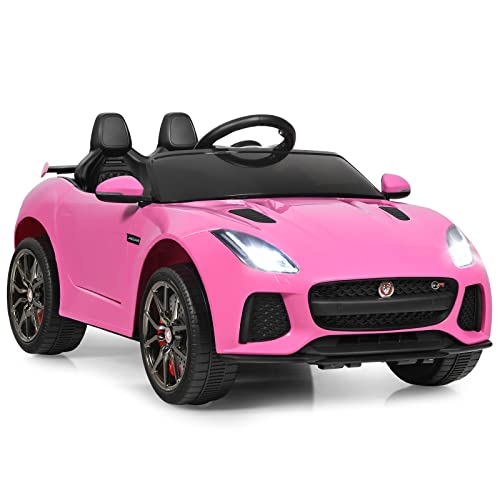 GOPLUS Elektroauto Jaguar, 12V Kinderauto mit 2,4 Ghz Fernbedienung, Softstart, LED Licht, Hupe, Musik, Sicherheitsgurt, 3-5 km/h, Kinderfahrzeug für Kinder ab 3 Jahre bis zu 25 kg (Rosa) von GOPLUS