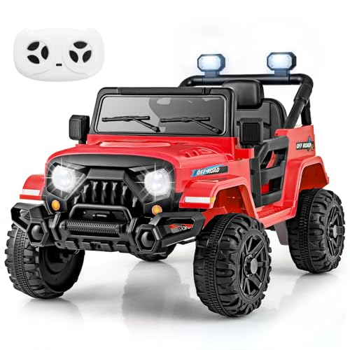 GOPLUS Elektroauto Kinder, 12V Kinderauto Jeep mit Fernsteuerung, Musik, Hupe, Scheinwerfer, langsamer Startfunktion, Federung & Rädern, Elektrofahrzeug für Kinder ab 3 Jahren (Rot) von GOPLUS