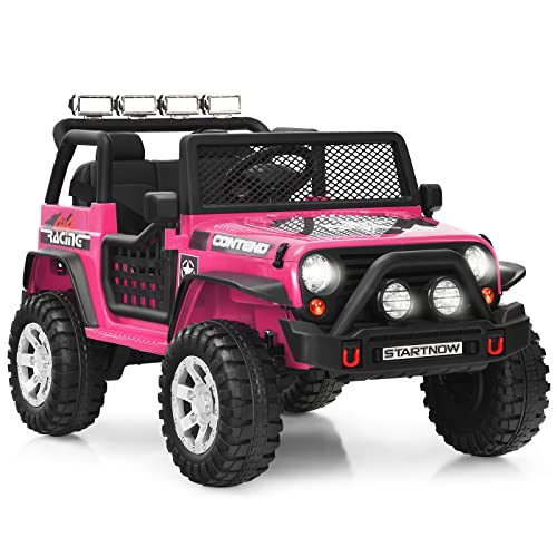 GOPLUS Elektroauto für Kinder, 12V Jeep Kinderauto mit Fernbedienung, Sanftanlauf, Hupe & Musik & USB & MP3, realistischer Truck mit großen Reifen für Kinder ab 3 Jahren (Rosa) von GOPLUS