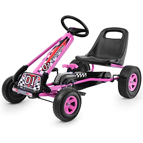 GOPLUS Gokart ab 3-8 Jahre, Kinderfahrzeug mit Verstellbarem Sitz, Tretauto aus Gummireifen, Flexible Kupplung und Bremse, Vorwärts und Rückwärts, max.30 kg, Indoor und Outdoor (Rosa) von GOPLUS