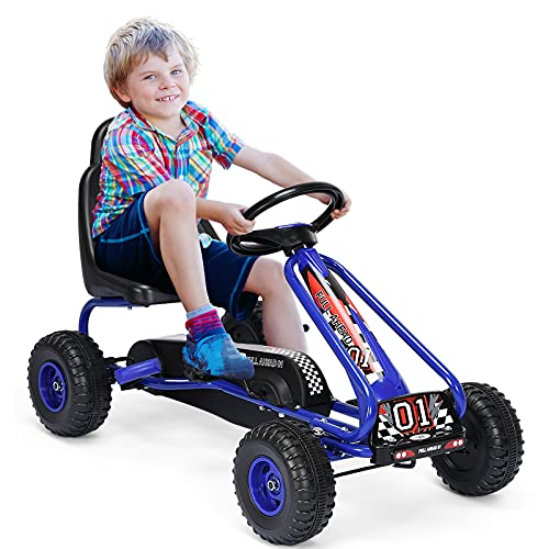 GOPLUS Gokart mit verstellbarem Sitz, Tretauto mit Handbremse und geschlossener Kettenabdeckung, Vor- und Rückwärtsgang, Tretfahrzeug für Kinder ab 3 Jahre bis 30 kg (Blau) von GOPLUS