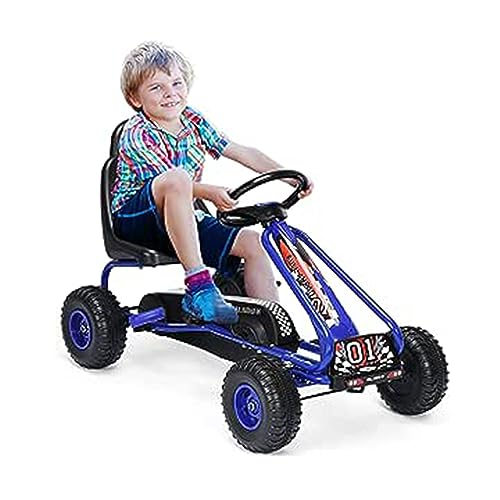 GOPLUS Gokart mit verstellbarem Sitz, Tretauto mit Handbremse und geschlossener Kettenabdeckung, Vor- und Rückwärtsgang, Tretfahrzeug für Kinder ab 3 Jahren bis 30 kg (Blau) von GOPLUS