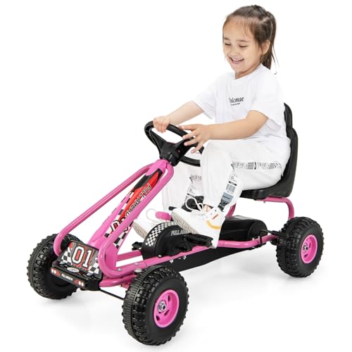 GOPLUS Gokart mit verstellbarem Sitz, Tretauto mit Handbremse und geschlossener Kettenabdeckung, Vor- und Rückwärtsgang, Tretfahrzeug für Kinder ab 3 Jahren bis 30 kg (Rosa) von GOPLUS