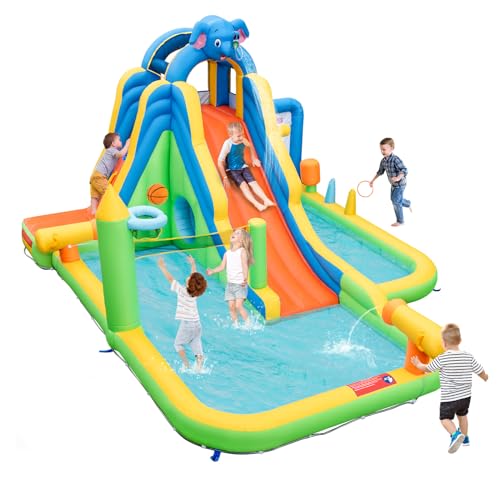 GOPLUS Hüpfburg, Aufblasbar Wasserpark mit Wasserrutsche, Kletterwand, Wasserpistolen, Basketballwurf, Ballwurf, Bouncy Castle Elefant für Kinder 3-10 Jahre, 469 x 378 x 250 cm (Elefant, Ohne Gebläse) von GOPLUS