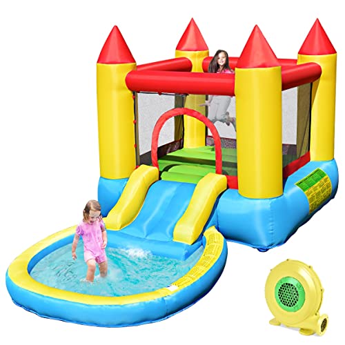 GOPLUS Hüpfburg mit Wasserrutsche, 3 Verschiedene Varianten, Aufstellpool aus Oxford-Material, mit PVC-Beschichtung, Spielburg für Kinder über 3 Jahren (Modell 2, Mit Gebläse) von GOPLUS