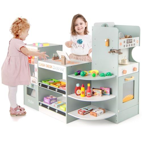 GOPLUS Kaufladen mit Einkaufswagen, Supermarkt Holz, Kaufmannsladen mit Tafel & Registrierkasse, inkl. Scanner & Kartenlesegerät & Kreditkarte & Münzen, Rollenspiele für Kinder ab 3 Jahren (Modell 3) von GOPLUS