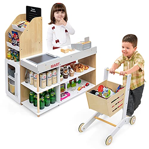 GOPLUS Kaufladen mit Einkaufswagen, Supermarkt Holz, Kaufmannsladen mit Tafel & Registrierkasse, inkl. Scanner & Kartenlesegerät & Kreditkarte & Münzen, Rollenspiele für Kinder ab 3 Jahren (Modell 1) von GOPLUS