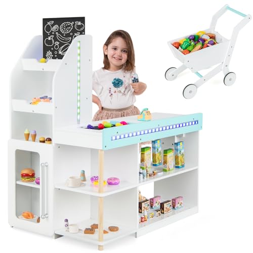 GOPLUS Kaufladen mit Einkaufswagen, Supermarkt aus Holz, Kaufmannsladen mit Tafel & Registrierkasse & 39 Zubehör, inkl. LED-Lichter & Fernbedienung, Rollenspiele für Kinder ab 3 Jahren von GOPLUS