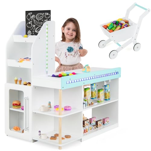 GOPLUS Kaufladen mit Einkaufswagen, Supermarkt aus Holz, Kaufmannsladen mit Tafel & Registrierkasse & 39 Zubehör, inkl. LED-Lichter & Fernbedienung, Rollenspiele für Kinder ab 3 Jahren GOPLUS Kaufladen mit Einkaufswagen, Supermarkt aus Holz, Kaufmannsladen mit Tafel & Registrierkasse & 39 Zubehör, inkl. LED-Lichter & Fernbedienung, Rollenspiele für Kinder ab 3 Jahren von GOPLUS