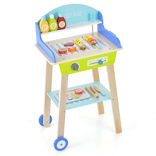 GOPLUS Kinder BBQ Grill Set aus Holz mit 21 tlg. Spielzubehör, Grill Spielzeugset mit Ablage, Griff & 2 Rädern, Küchen-Rollenspielset für Jungen & Mädchen ab 3 Jahren, für drinnen & draußen von GOPLUS