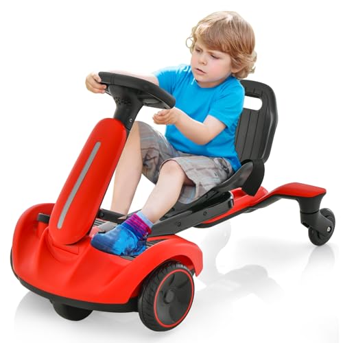 GOPLUS Kinder Driftkart, Gokart mit 2-Fach verstellbarem Sitz & Driftfunktion bis 4,8 km/h, Elektroauto mit Sicherheitsgurt, Hupe & Motorengeräuschen für 3-8 Jahre, bis 25 kg belastbar (Rot) von GOPLUS