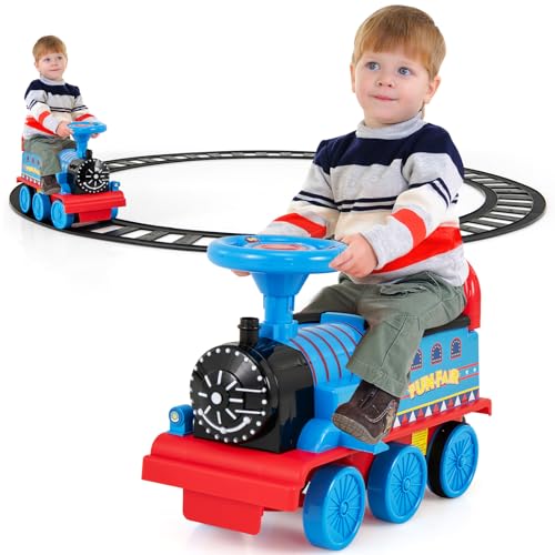 GOPLUS Kinder Elektro Zug, Kinderfahrzeug mit 16 Stk. Schiene Set, 6V Kinder Aufsitz mit Licht, Musik, Zugpfeife & Stauraum, Elektro Kinderauto für Kinder ab 3 Jahren, Belastbar bis 25 kg (Dunkelblau) von GOPLUS