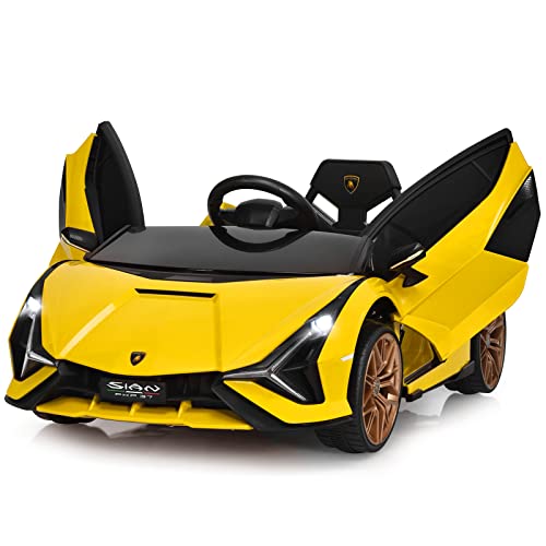 GOPLUS Kinder Elektroauto Lamborghini, Kinderauto mit Fernbedienung, Kinderfahrzeug, Bluetooth USB, mit Hupe & Musik, 3-5 km/h, Vorwärts & Rückwärts Möglich, für Kinder von 3-8 Jahre (Gelb) von GOPLUS