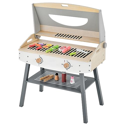 GOPLUS Kinder Grill Spielzeugset, BBQ Grill Set aus Holz mit Klammer, 4 BBQ-Spieße, 9 bunt Lebensmitteln & 3 künstlichen Gewürzen, Kinderküche für Mädchen und Jungen ab 3 Jahren von GOPLUS